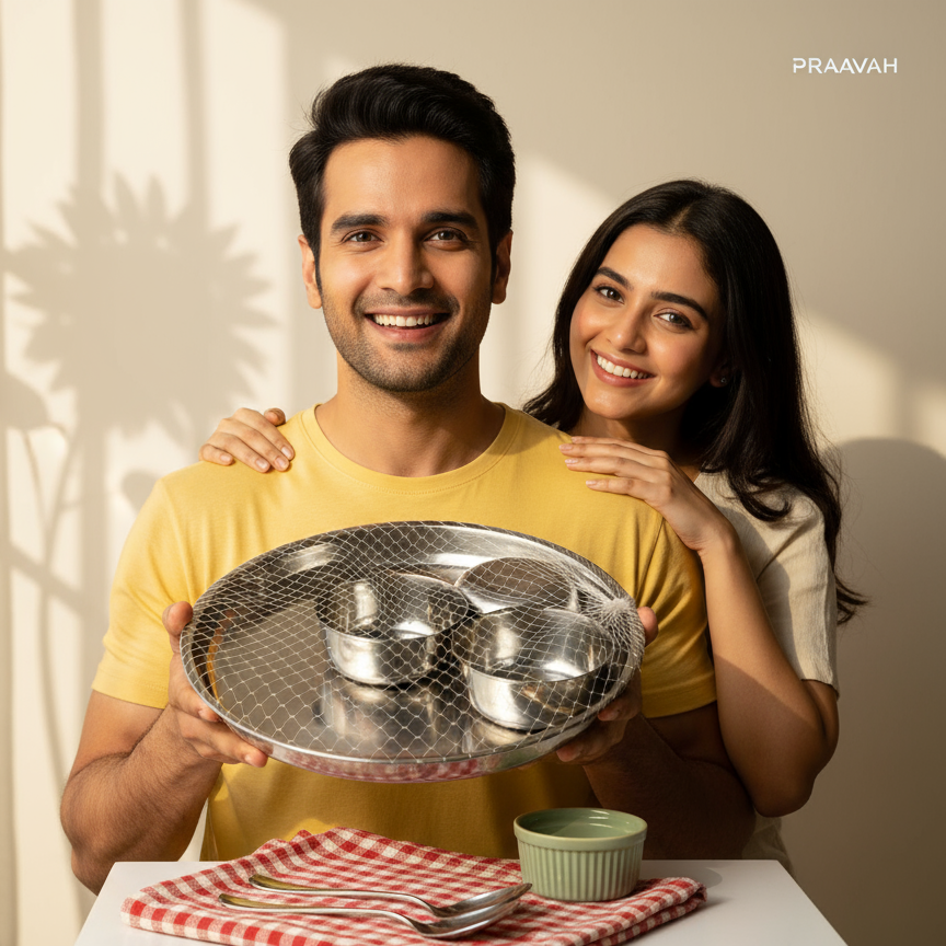 Man and woman holding a metal tray with bowls, standing in a bright room.